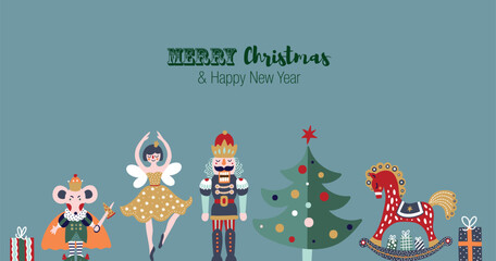 Nutcracker. Cute Christmas gorizontal border. Christmas illustrations.