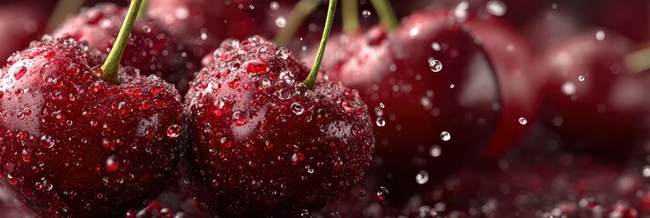 Fresh cherries covered in droplets glisten beautifully on a dark surface in a close-up shot during a summer afternoon