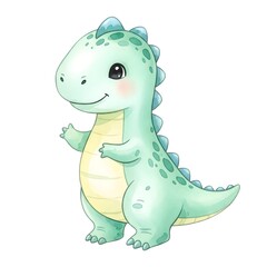 Cute cartoon dinosaur illustration for kids – adorable green dino with blue spots and friendly smile on white background