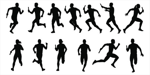 Silhouettes of Athletes Running in a Relay Race with Batons runner