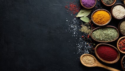 Colorful spices in small bowls on a dark background