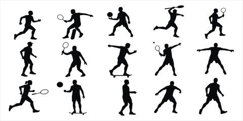 Silhouettes of men playing sports and skateboarding on white background Keywords: sports, silhouette