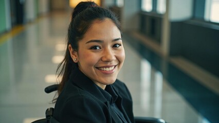Smiling young woman in wheelchair indoors