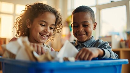 Two children smiling while recycling paper waste