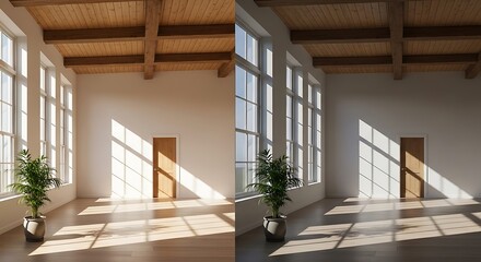 Obraz premium Sunlit interior room with large windows and natural light effects