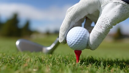 Golf ball placed on tee by gloved hand