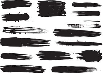 Brush set. Vector black paint brush spots, highlighter lines or felt-tip pen marker. Ink smudge abstract shape stains and smear set with texture