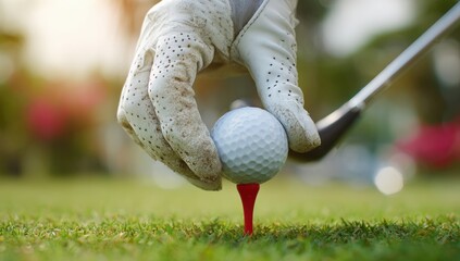 Close-up of golf hand placing ball on tee
