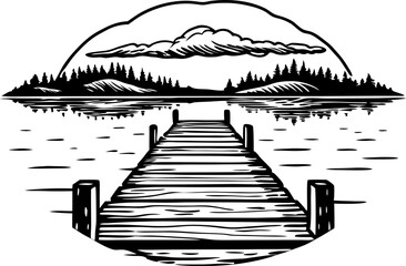 Fototapeta premium Wooden pier extending into calm lake, tranquil landscape with distant forest and reflected sky illustration