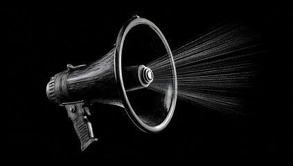 A grayscale megaphone emitting sound waves