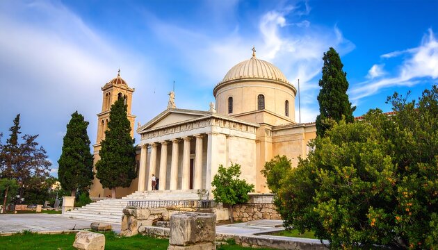 Ancient Greek church in a sunny park