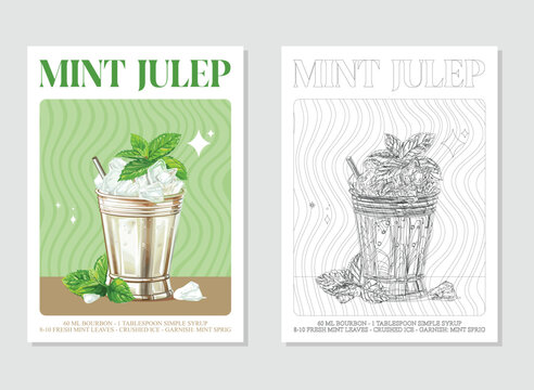 Mint julep Cocktails retro posters. Garnished alcoholic beverage graphic print. Popular alcohol drinks. Vintage style vector illustrations, bar, pub, restaurant, kitchen wall art