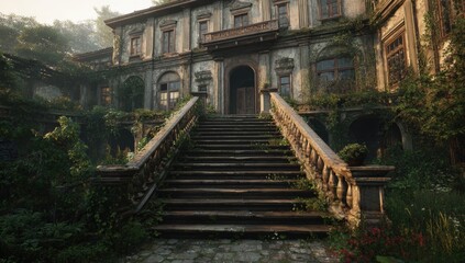 Abandoned mansion shrouded in greenery