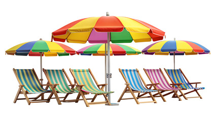 beach chairs and umbrella isolated on white background. PNG Transparent file type with high definition quality And vibrant color grading Available.