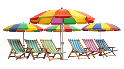 beach chairs and umbrella isolated on white background. PNG Transparent file type with high definition quality And vibrant color grading Available.