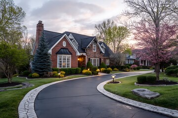 A curved asphalt driveway in front of a red brick house, surrounded by green grass and well-maintained landscaping, creating a welcoming and picturesque home exterior.