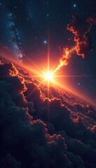 A lone star, blazing brightly, surrounded by swirling cosmic dust and nebulae, engaged in a fierce celestial battle Its light shines defiantly against the encroaching darkness , war, dramatic, fight