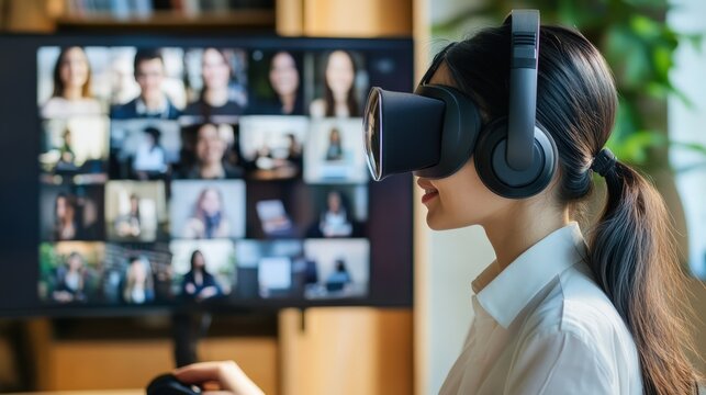 A person wearing virtual reality headset during a video conference.