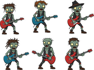 Cartoon zombie guitarists playing electric guitars, undead rock band characters, funny Halloween monster musicians, horror music guitarist illustration setCartoon zombie guitarists playing electric gu