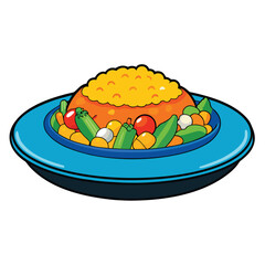 Cartoon Plate of Rice Pilaf with Mixed Vegetables and Tomatoes food dish