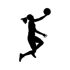 Silhouette of a female basketball player in mid-air holding the ball, ideal for sports vector designs, posters, illustrations, and basketball-themed creative projects.