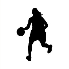 Silhouette of a female basketball player running while dribbling the ball, perfect for sports designs, vector illustrations, posters, and basketball-themed creative projects.