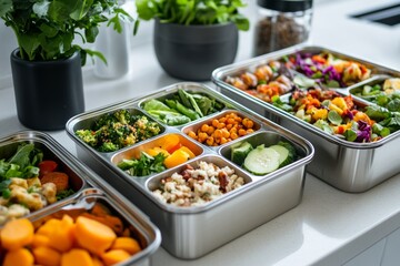 Healthy meal prep in stainless steel containers with fresh vegetables