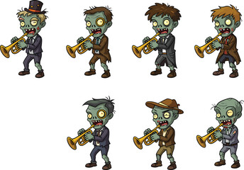 Cartoon zombie trumpet players in ragged suits, green undead musicians with quirky expressions, funny horror music theme, vector illustration character set