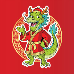 Vibrant cartoon dragon dressed in traditional Chinese attire, standing confidently with a smile. Symbolizing power, prosperity, and good fortune in Chinese zodiac and Lunar New Year culture.