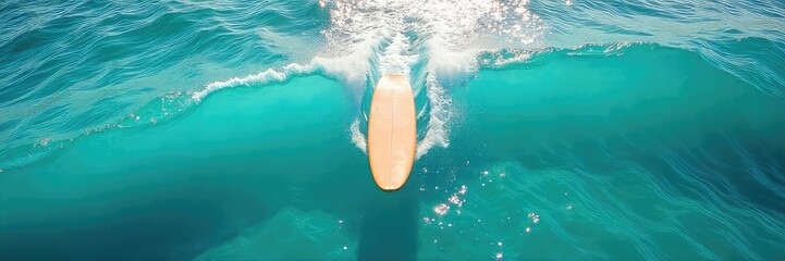 A lone surfboard glides across a turquoise wave, sunlight sparkling on the water Perfect for travel, adventure, and ocean-themed projects , summer, extreme sport