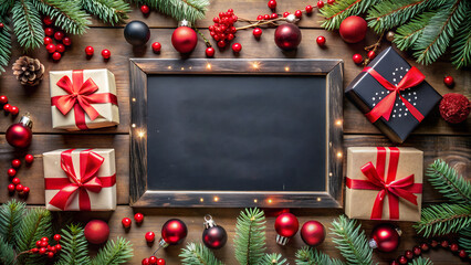 Festive Christmas Frame with Gifts Ornaments and Pine Branches on Wooden Surface
