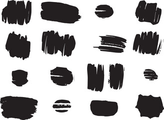 Brush set. Vector black paint brush spots, highlighter lines or felt-tip pen marker. Ink smudge abstract shape stains and smear set with texture
