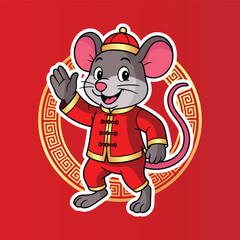 Cartoon rat dressed in traditional Chinese outfit, smiling and waving with a red background and golden circular zodiac pattern. Perfect for celebrating Chinese New Year and zodiac art.