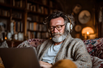 Mature man with laptop and headphones sitting on sof at home