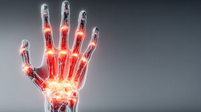 Visualization of rheumatoid arthritis in human hand, showcasing glowing joints and inflammation. image highlights impact of this condition on hand mobility and health