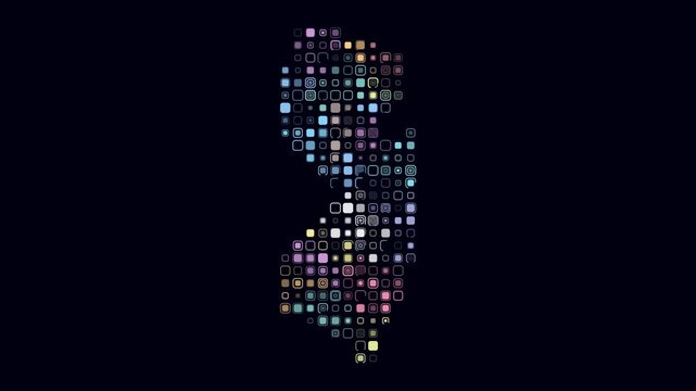 New Jersey animation. Shape of the state with pulsating colored dots. Large size rounded square blocks. Digital style map on dark background. Modern video.