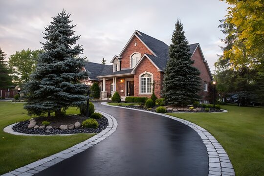 A curved asphalt driveway in front of a red brick house, surrounded by green grass and well-maintained landscaping, creating a welcoming and picturesque home exterior.
