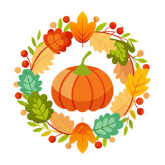Autumn pumpkin wreath with falling leaves graphic