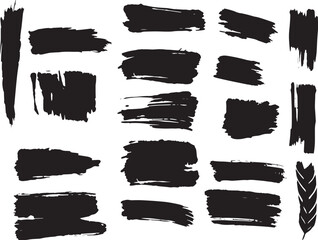 Brush set. Vector black paint brush spots, highlighter lines or felt-tip pen marker. Ink smudge abstract shape stains and smear set with texture