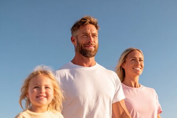 Fototapeta premium Smiling family stands together under bright blue sky, radiating