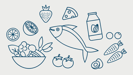 healthy food set, Vegetable dish, poke bowl food and healthy salad set. Meal line icons. Pizza, pasta spaghetti bowl and burger line icons. Breakfast meal, vegetable salad and fish. 