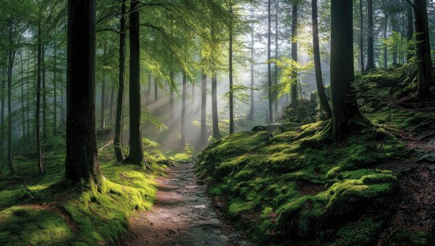 Sunbeams pierce a misty forest path