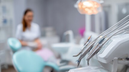 A softly focused view showcases the gleaming instruments of a dental workstation, hinting at the precision and care involved in oral healthcare, with a blurred professional in the background.