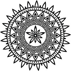 Black and White Mandala with Floral Center and Geometric Patterns