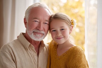 Grandfather and Granddaughter Bonding with Love and Affection by the Window Side in Soft Light