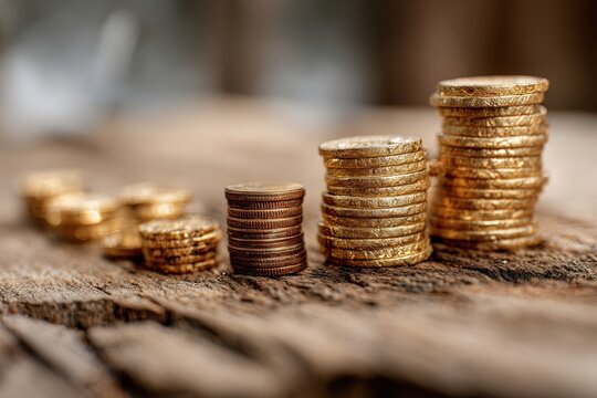 Gold coins stacked in a rising pattern on weathered wood