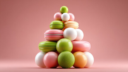 Colorful macarons arranged as whimsical Christmas tree shape, topped with meringue, sitting on bright pink surface creating festive holiday dessert centerpiece