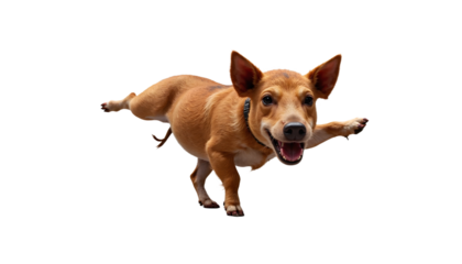 Funny agile dog balancing on two legs. Playful and energetic brown puppy striking a humorous pose, looking at camera with an open mouth on a clean white background, full of joy and vitality.