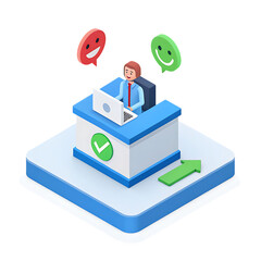 Customer service representative working at a desk with feedback icons isolated on transparent background