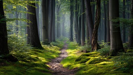 Sunlit path through a dense forest